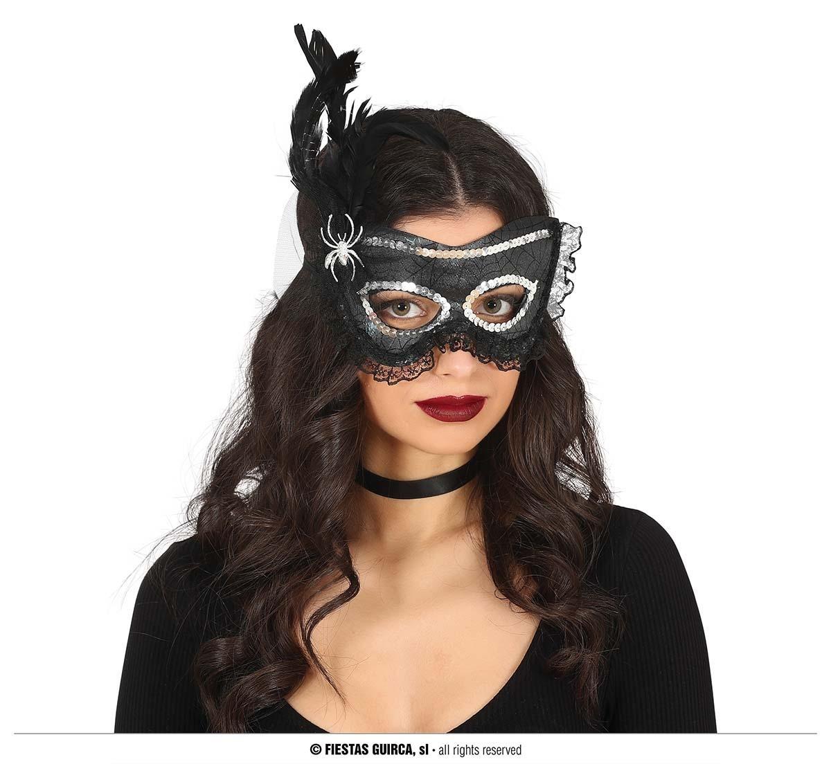 ANTIFAZ NEGRO CON PLUMA NEGRA -PARTYTUYYO HALLOWEEN